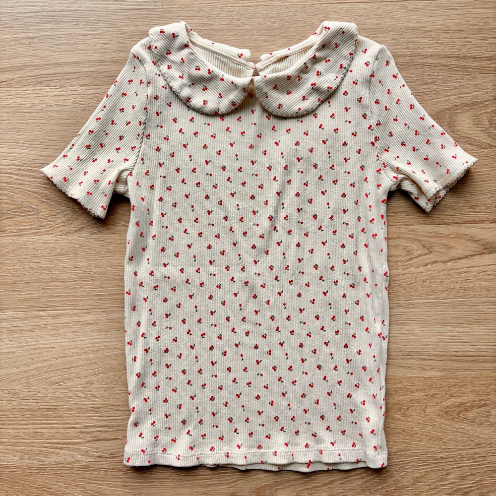 H&M Cream Top with Red Cherry Print and Peter Pan Collar